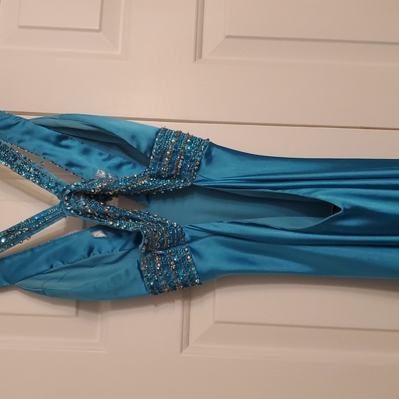 Gigi teal satin bead and rhinestone embellished formal dress - Picture 4 of 5